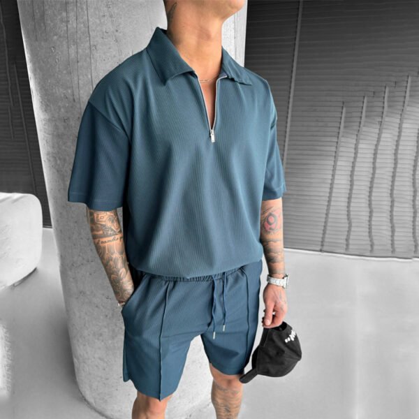 01826f1a-561a-4ef2-9aa6-3bfcc6ce750e.jpg Summer Fashion Mens Clothing Men's Suits New Zipper Polo Casual Short Sleeve Drawstring Shorts Men's Set