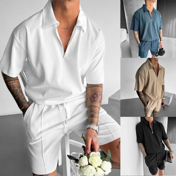 cb8b8f95-778f-4ab7-b6bc-b26a5771fe65.jpg Summer Fashion Mens Clothing Men's Suits New Zipper Polo Casual Short Sleeve Drawstring Shorts Men's Set