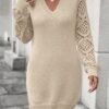 New V-neck Knitted Dress Fashion Solid Color Hollow Long-sleeved Sweater Dresses Women's Clothing